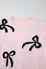 Light Pink Bow Pattern Knitted Loose Fit Sweater Sweaters JT's Designer Fashion