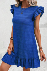 Dark Blue Textured Flutter Sleeve Ruffled Mini Dress Dresses JT's Designer Fashion