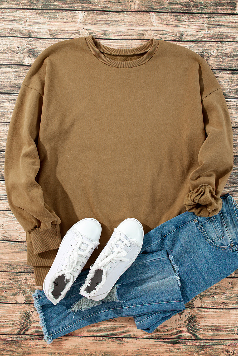 Camel Solid Fleece Lined Drop Shoulder High Low Sweatshirt Sweatshirts & Hoodies JT's Designer Fashion
