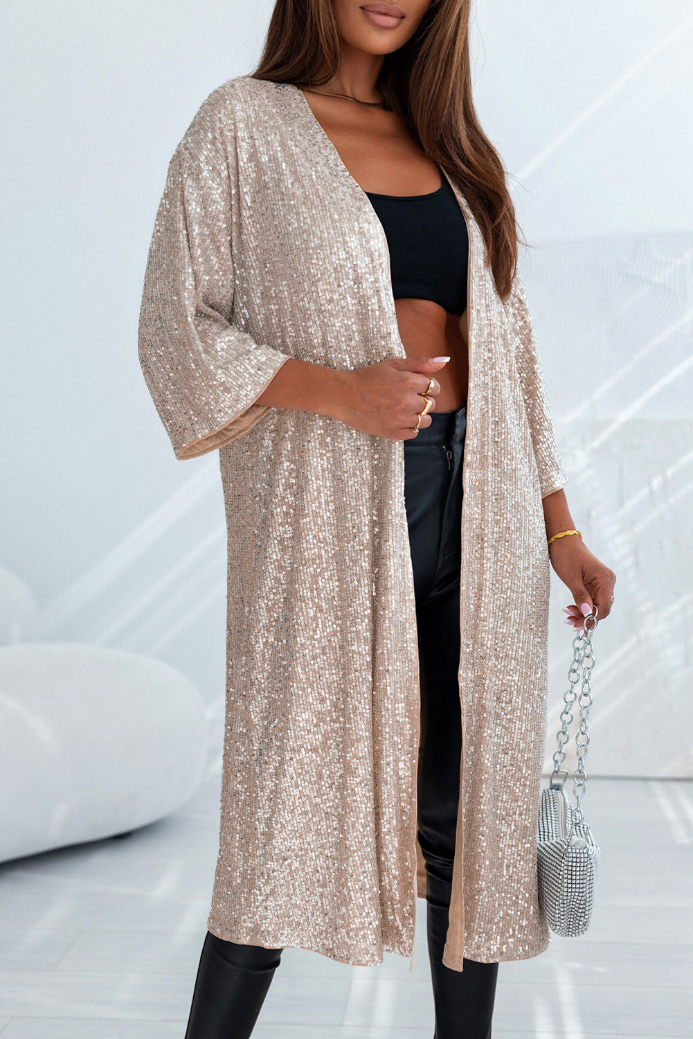 Apricot Sequin 3/4 Sleeve Open Front Duster Kimono Kimonos JT's Designer Fashion