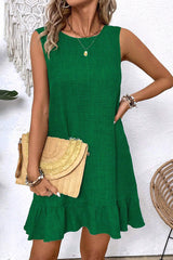 Bright Green Knot Scoop Back Ruffle Hem Sleeveless Mini Dress Bright Green 100%Polyester Mini Dresses JT's Designer Fashion