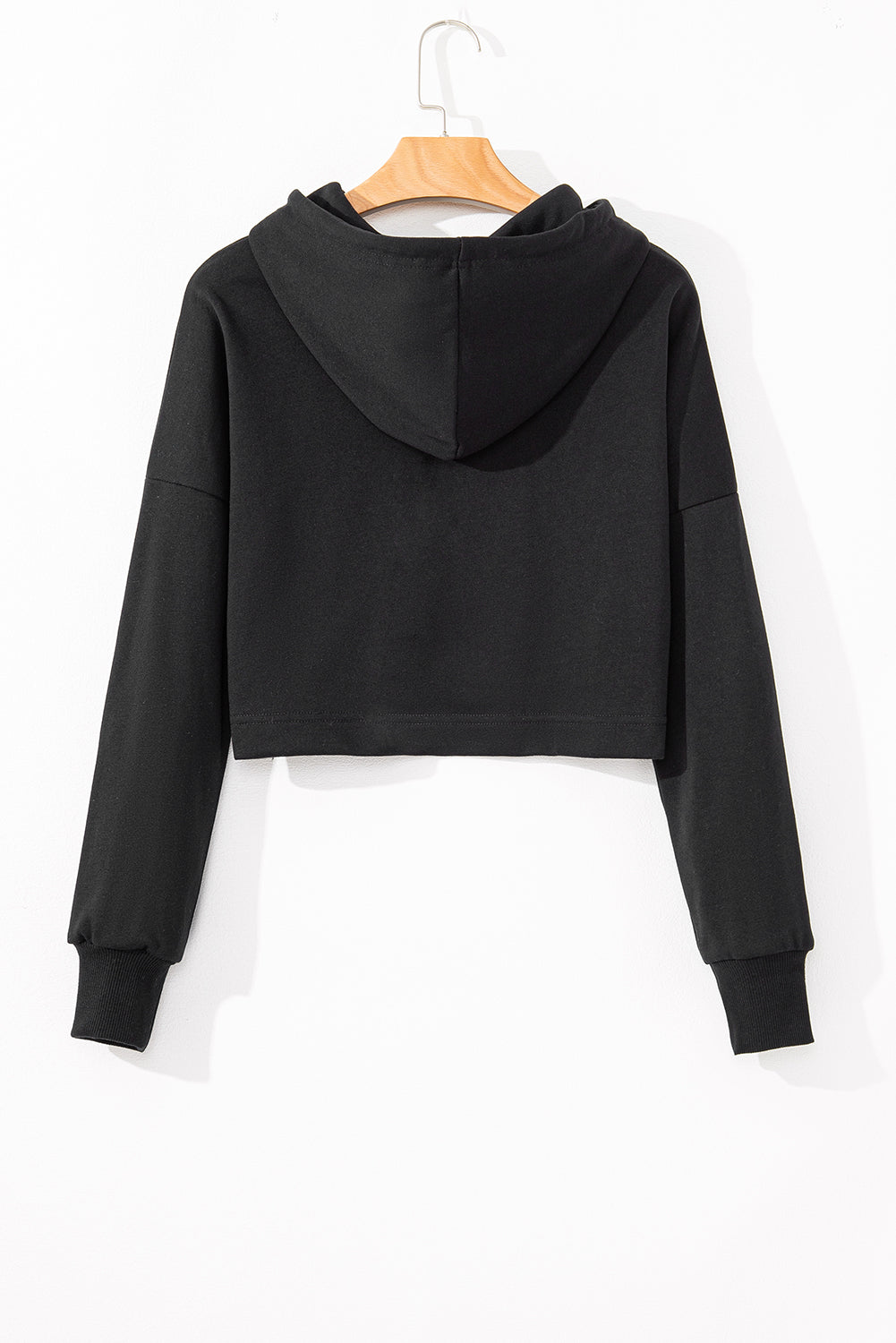 Black Solid Drop Shoulder Drawstring Cropped Hoodie Sweatshirts & Hoodies JT's Designer Fashion