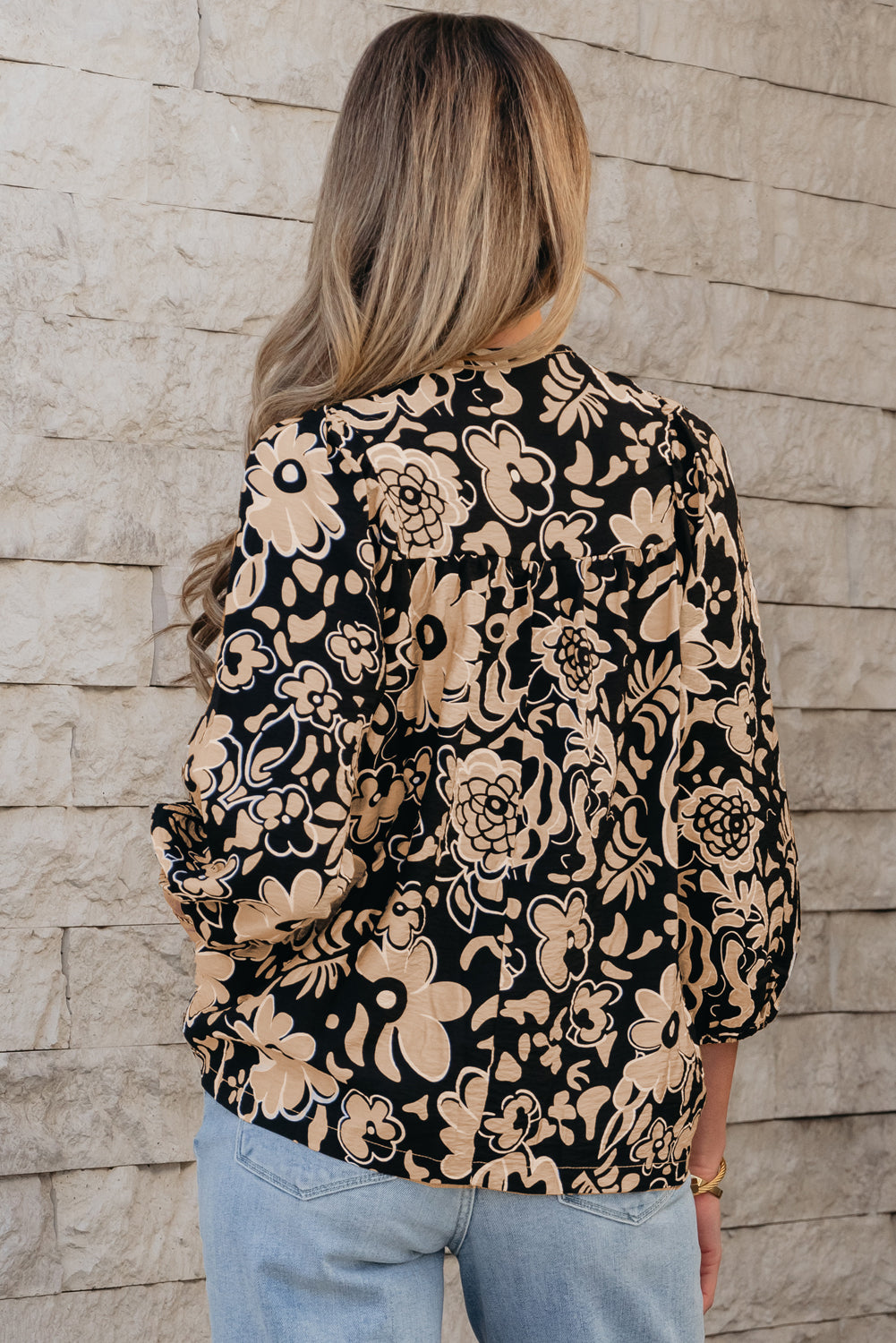 Black Floral Shirred Yoke Bracelet Sleeve Split Neck Boho Blouse Blouses & Shirts JT's Designer Fashion