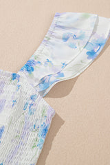 Sky Blue Floral Smocked High Waist Double Ruffle Sleeveless Long Dress Maxi Dresses JT's Designer Fashion