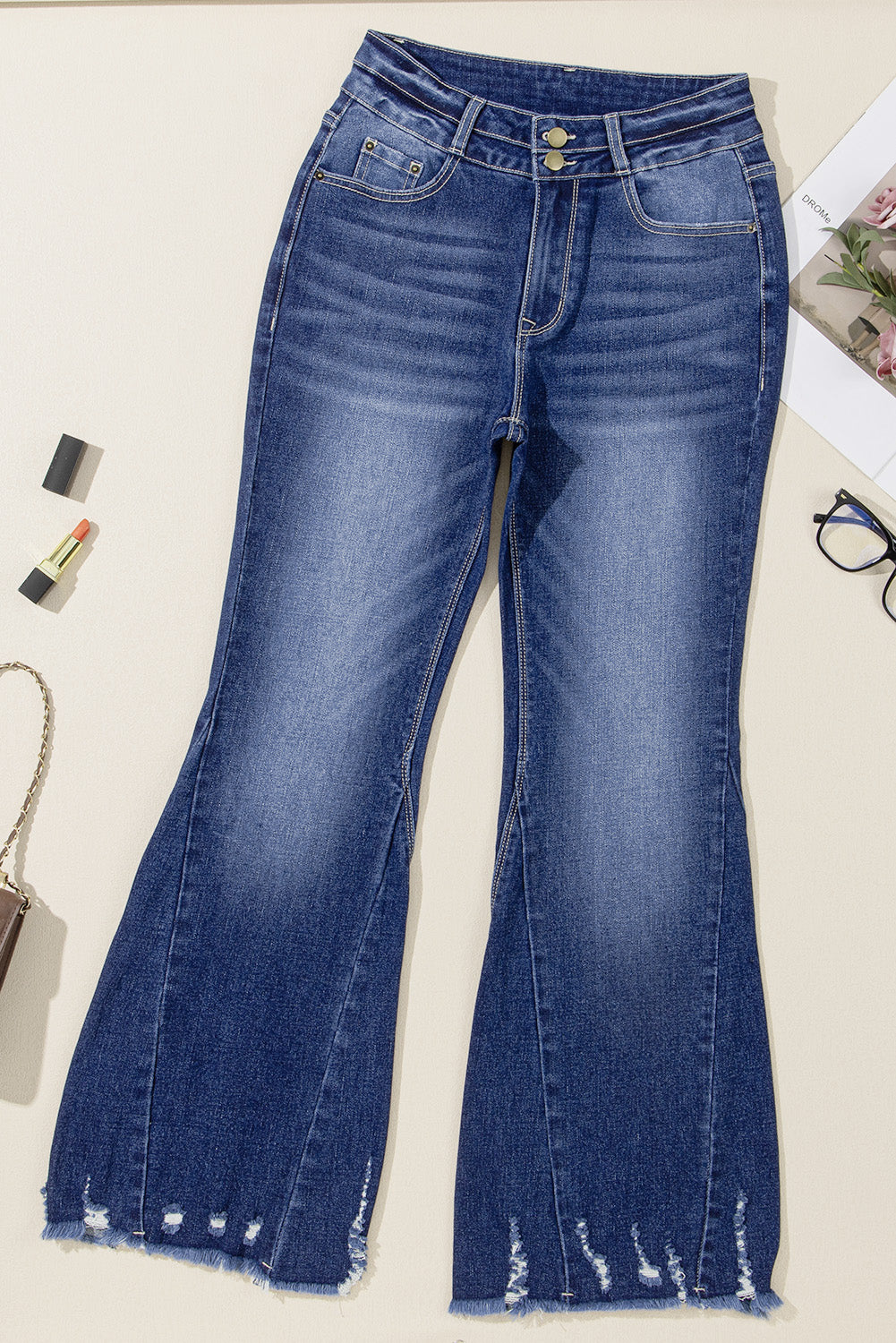 Sail Blue High Rise Dual Button Distressed Raw Hem Flared Jeans Jeans JT's Designer Fashion