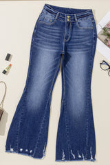 Sail Blue High Rise Dual Button Distressed Raw Hem Flared Jeans Jeans JT's Designer Fashion