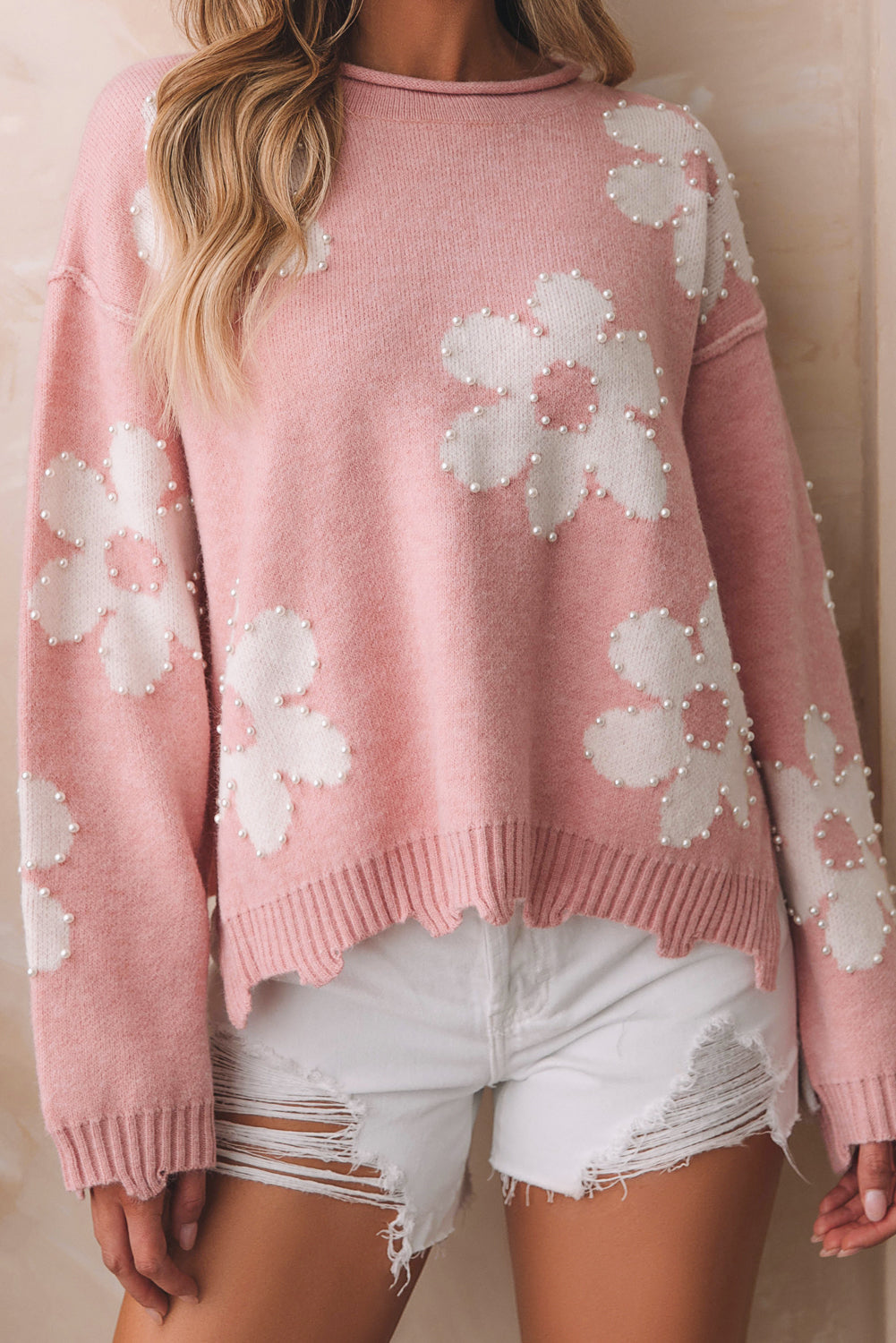 Multicolour Pearl Beaded Floral Drop Shoulder Sweater Multicolour 42%Acrylic+30%Polyester+28%Polyamide Sweaters JT's Designer Fashion