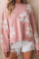 Multicolour Pearl Beaded Floral Drop Shoulder Sweater Multicolour 42%Acrylic+30%Polyester+28%Polyamide Sweaters JT's Designer Fashion