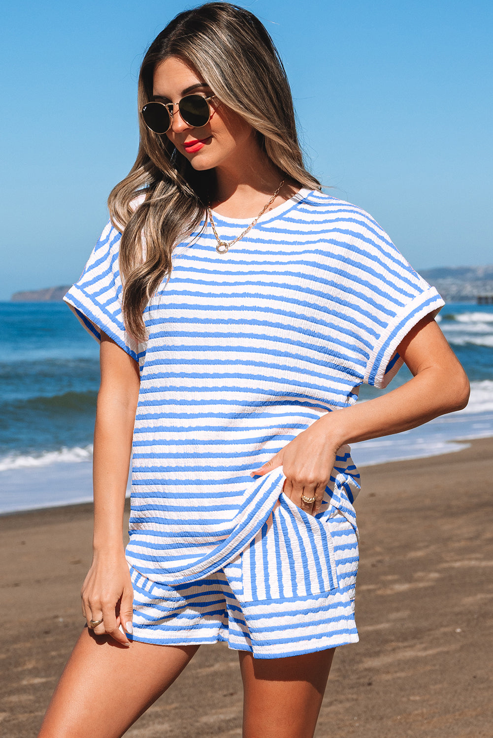 Sky Blue Stripe Knitted Short Sleeve Top and Drawstring Shorts Set Short Sets JT's Designer Fashion