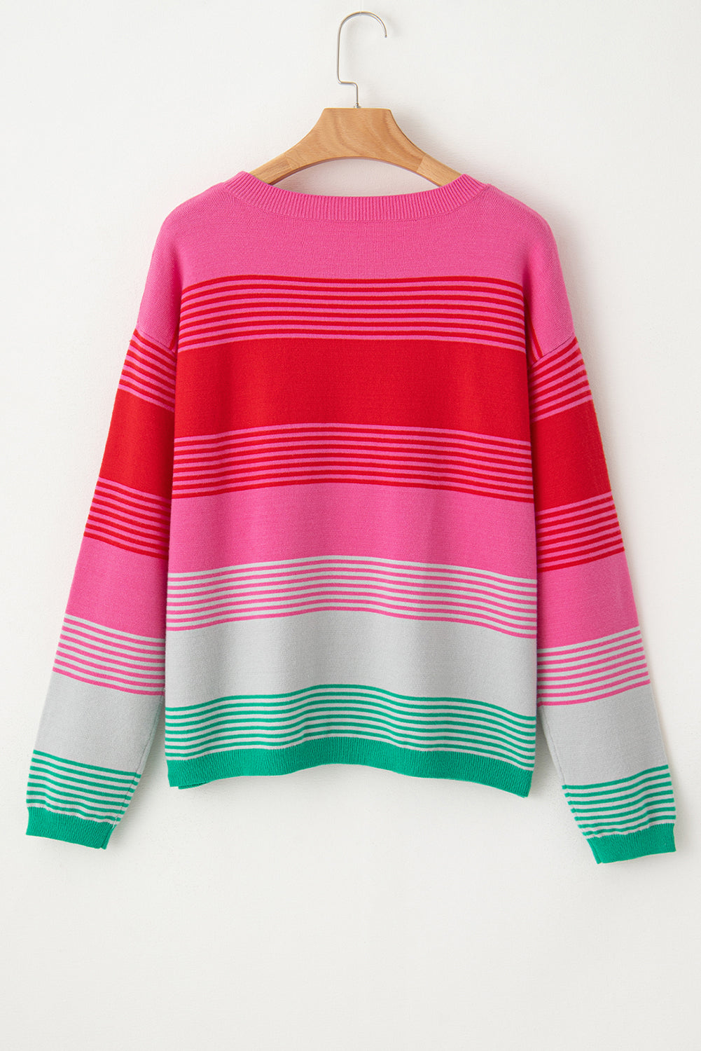 Rose Striped Knit Patch Pocket Drop Shoulder Sweater Sweaters JT's Designer Fashion