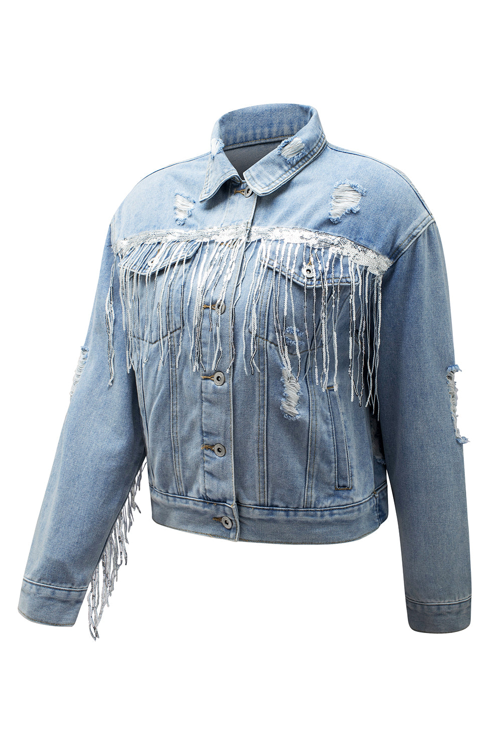 Sky Blue Sequin Embellished Fringe Distressed Denim Jacket Denim Jackets JT's Designer Fashion