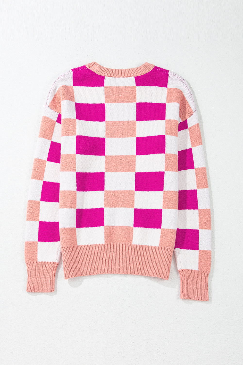 Pink Checkered Ribbed Edge O Neck Drop Shoulder Sweater Sweaters JT's Designer Fashion