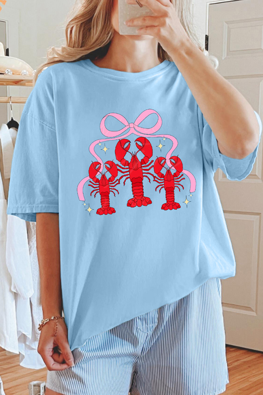 Light Blue Bow Crawfish Printed Relaxed Fit T Shirt Graphic Tees JT's Designer Fashion