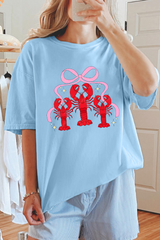 Light Blue Bow Crawfish Printed Relaxed Fit T Shirt Graphic Tees JT's Designer Fashion