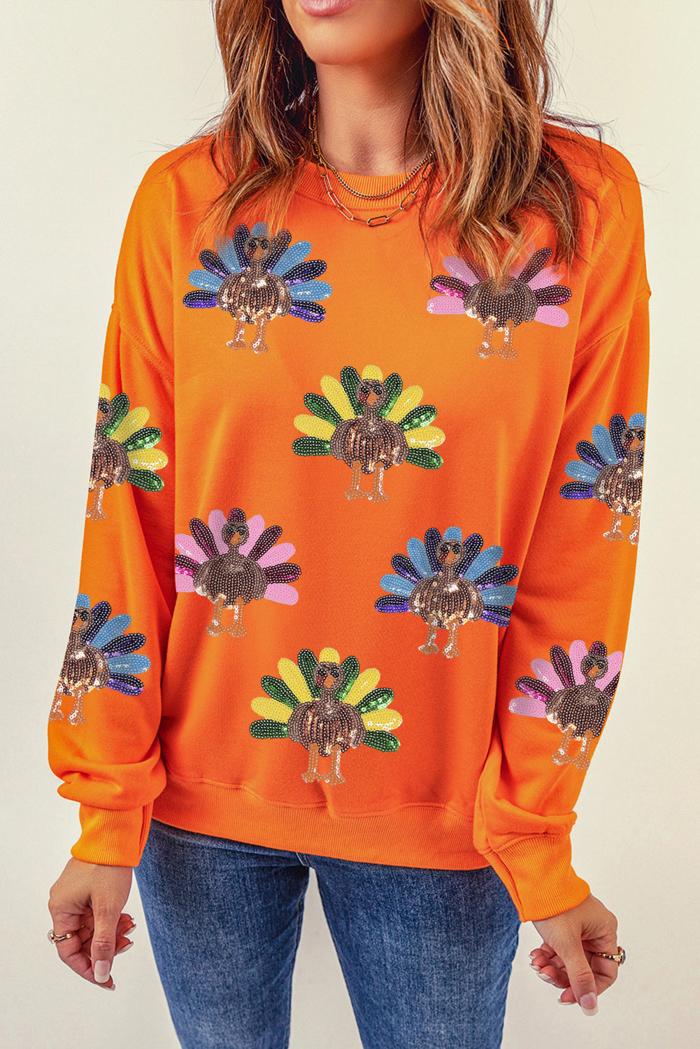 Orange Colorful Turkey Thanksgiving Graphic Sweatshirt Graphic Sweatshirts JT's Designer Fashion