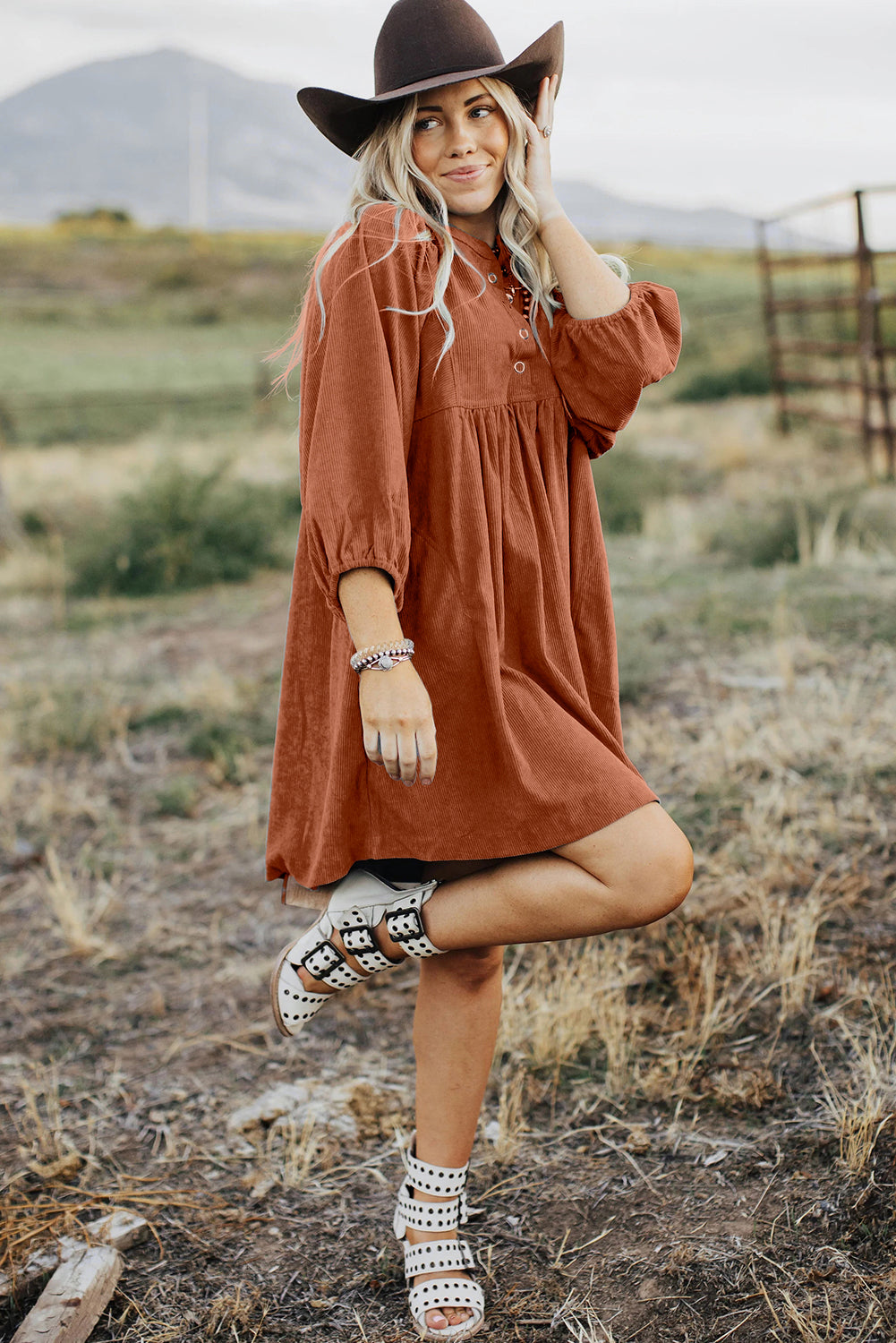 Gold Flame Corduroy Snap Buttons Empire Waist Bracelet Sleeve Dress Mini Dresses JT's Designer Fashion
