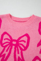 Pink Bow Pattern Drop Shoulder Loose Sweater Sweaters JT's Designer Fashion