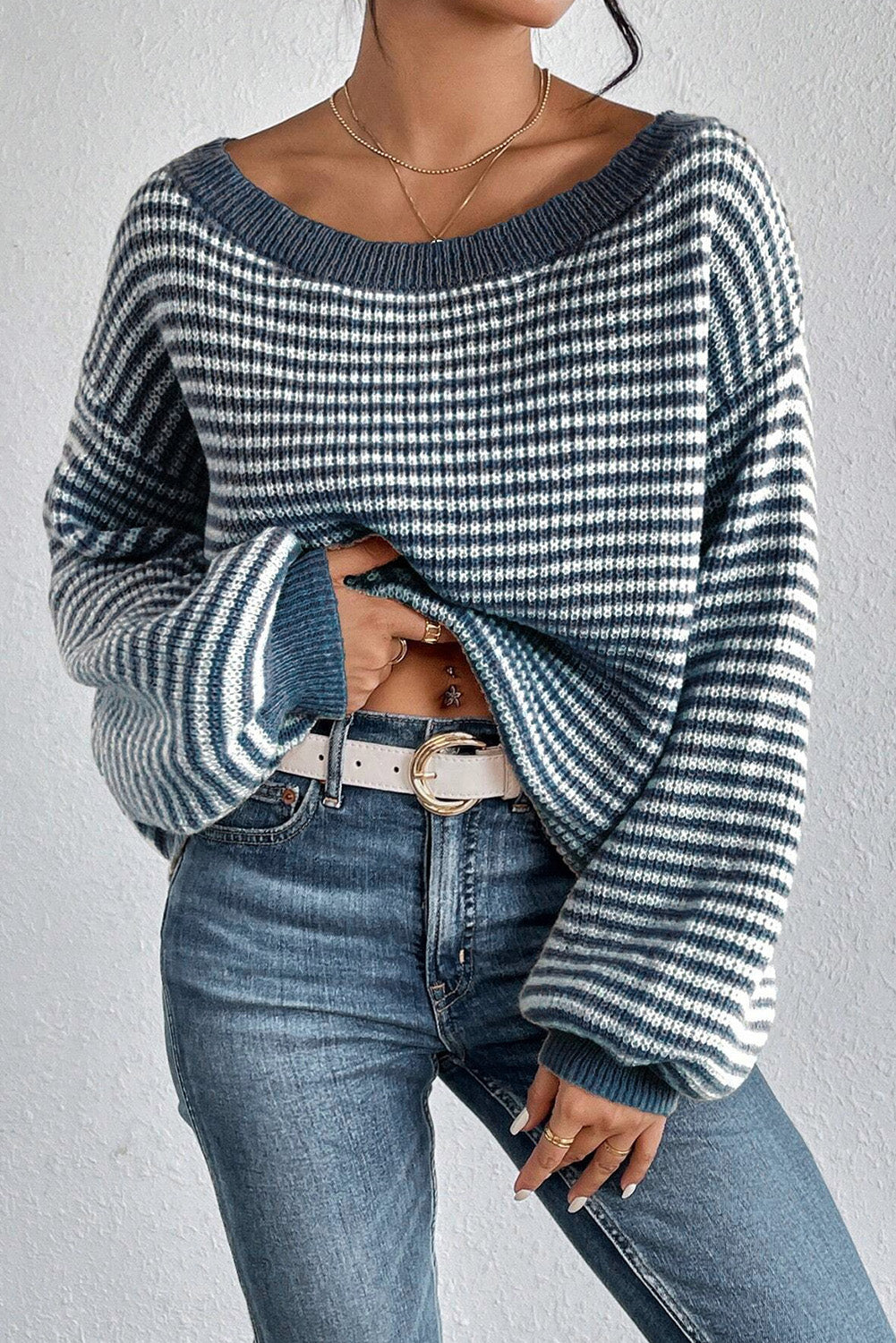 Sail Blue Striped Lantern Sleeve Drop Shoulder Cozy Sweater Sweaters JT's Designer Fashion