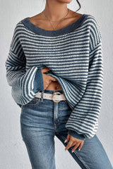 Sail Blue Striped Lantern Sleeve Drop Shoulder Cozy Sweater Sweaters JT's Designer Fashion
