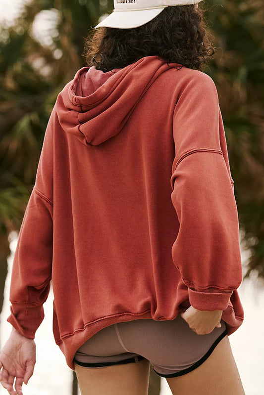 Red Clay Drop Shoulder Pocketed Baggy Drawstring Hoodie Sweatshirts & Hoodies JT's Designer Fashion