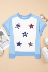 Sky Blue Patriotic Star Patched Colorblock T Shirt Graphic Tees JT's Designer Fashion