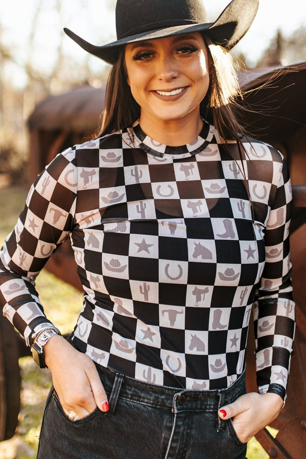 Black Checkerboard Western Elements Printed Mesh Long Sleeve Top Long Sleeve Tops JT's Designer Fashion