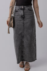 Dark Grey Denim Raw Hem Back Split High Waist Long Skirt Skirts & Petticoat JT's Designer Fashion