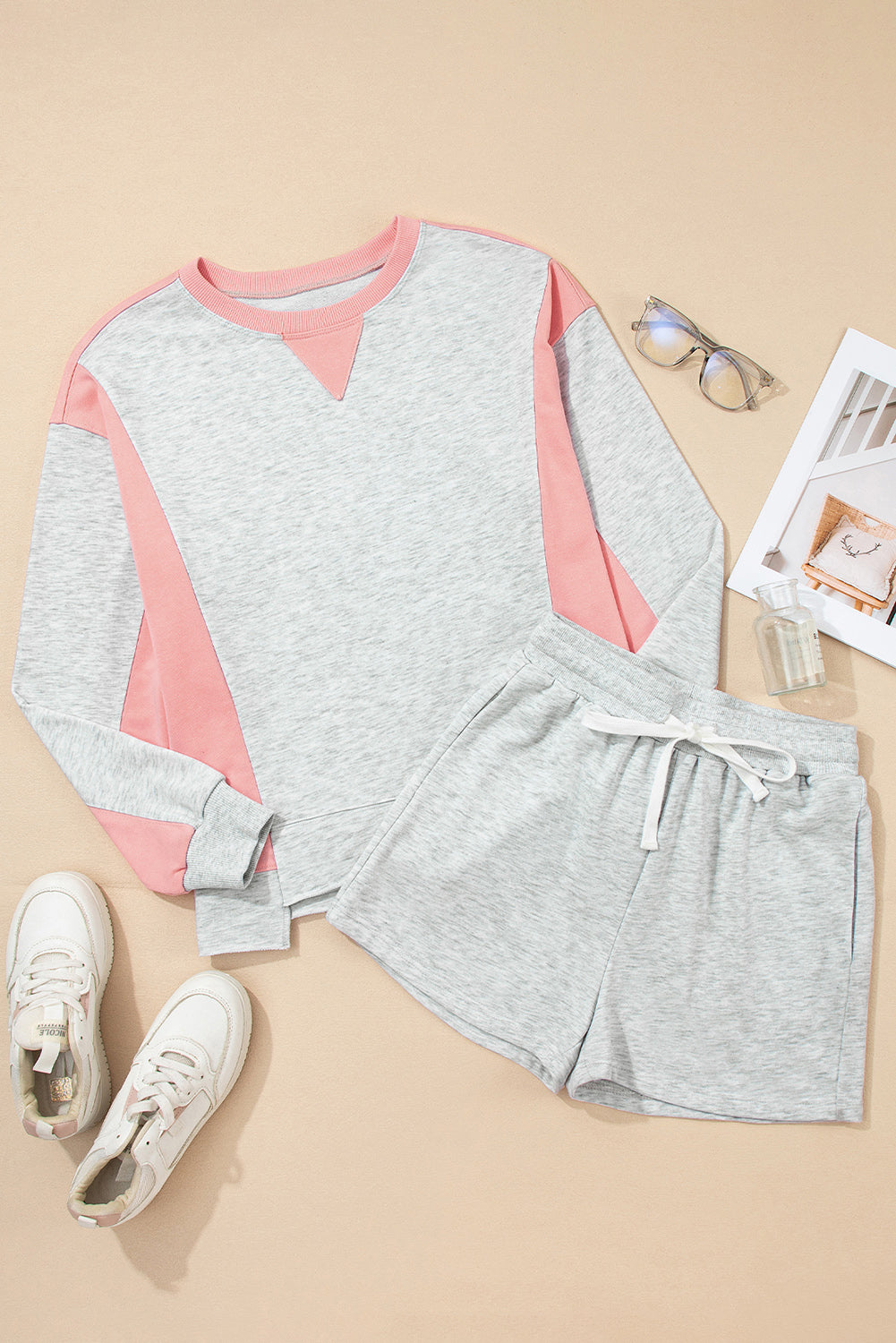 Light Grey Color Block Raw Hem Pullover and Casual Shorts Set Short Sets JT's Designer Fashion
