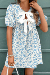 Sky Blue Floral Contrast Bow Puff Sleeve Mini Dress Sky Blue 100%Polyester Mini Dresses JT's Designer Fashion