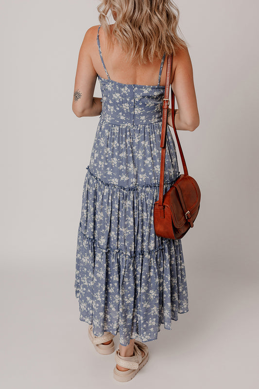 Blue Floral Spaghetti Strap Frilled V Neck Tiered Midi Dress Midi Dresses JT's Designer Fashion