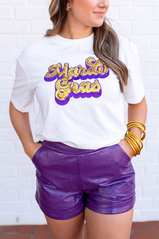 White Mardi Gras Sequin Graphic T-shirt Graphic Tees JT's Designer Fashion