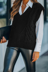 Black V-Neck Twist Knitted Vest Sweater Sweaters & Cardigans JT's Designer Fashion