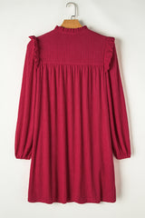 Fiery Red Textured Ruffled Trim V Neck Loose Fit Mini Dress Mini Dresses JT's Designer Fashion