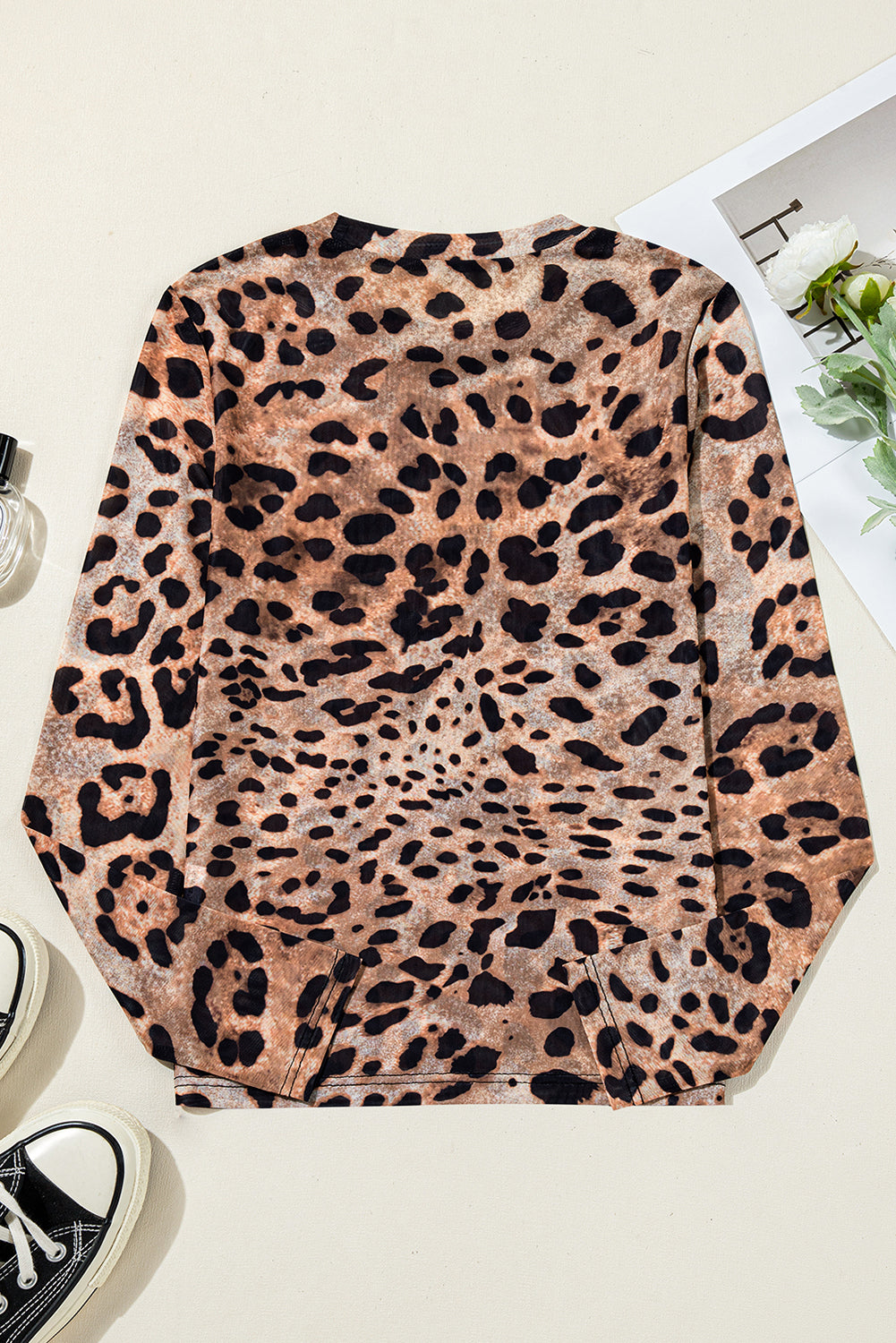 Brown Leopard Round Neck Long Sleeve Slim Top Long Sleeve Tops JT's Designer Fashion