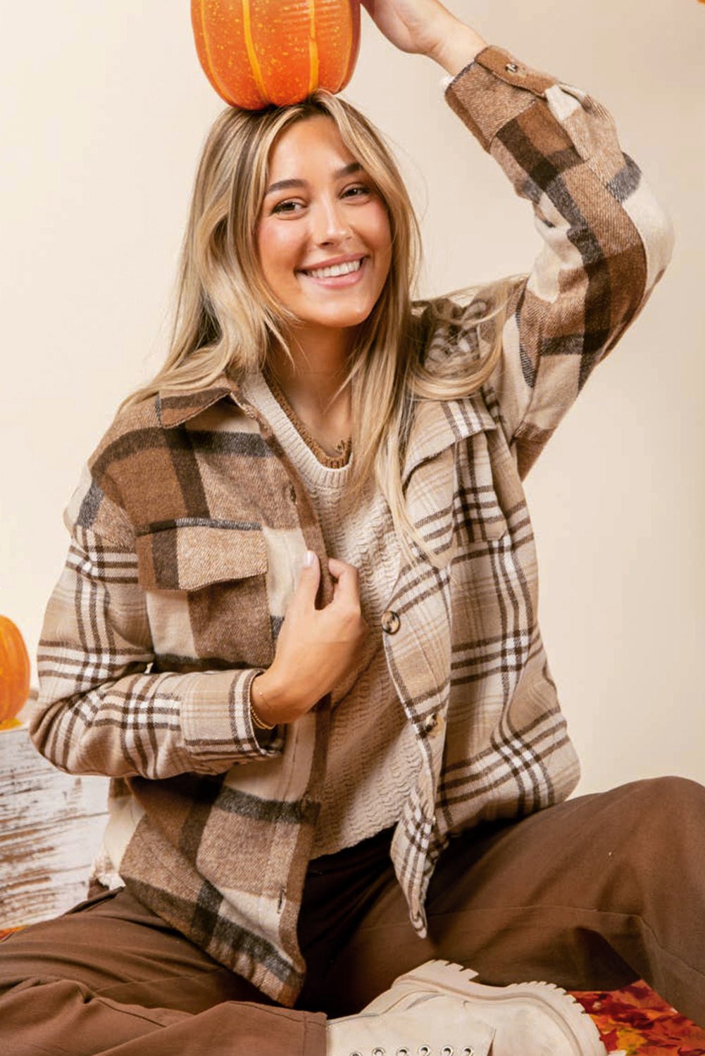 Light French Beige Flannel Plaid Double Flap Pocket Shacket Plaid Shackets JT's Designer Fashion
