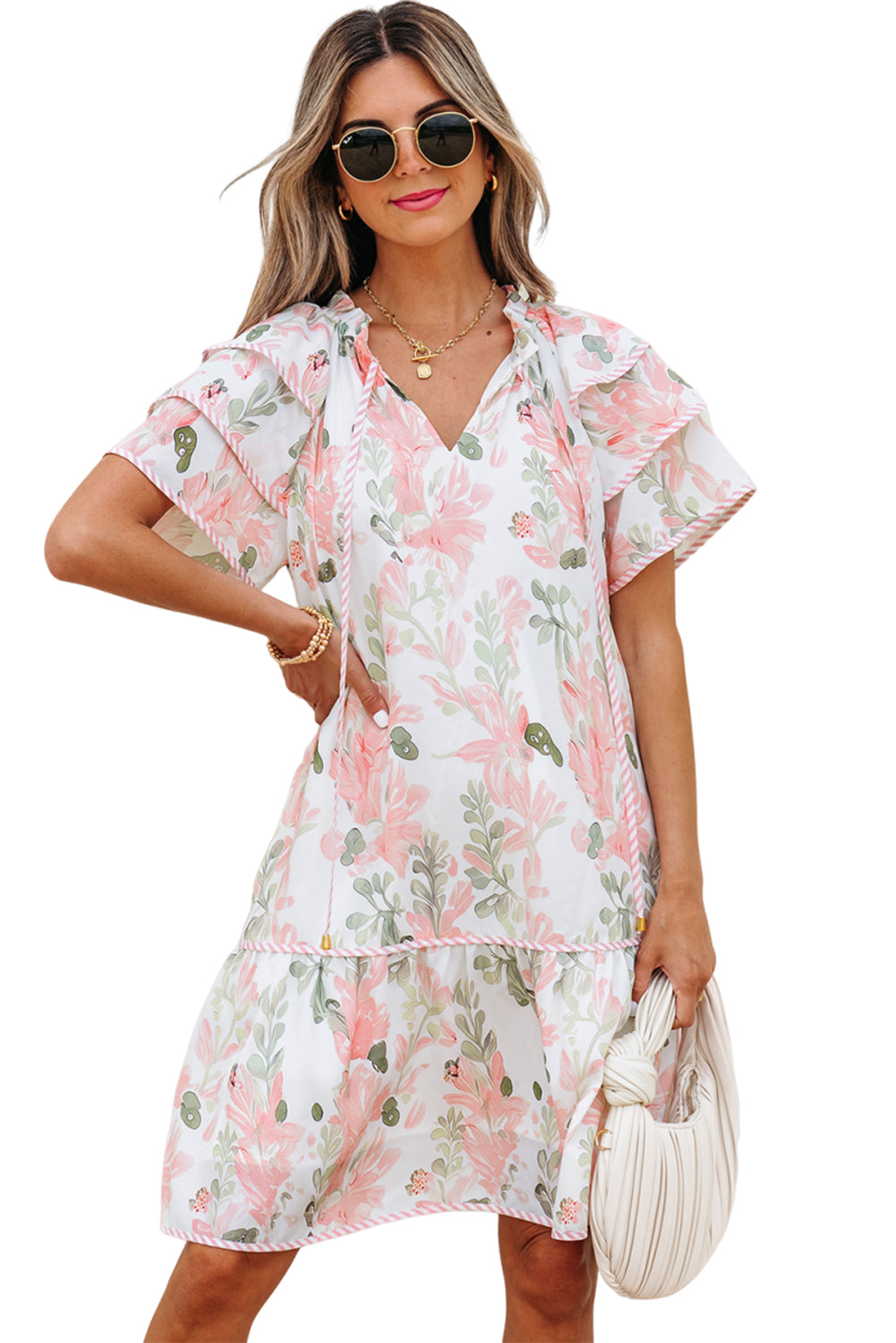 Pink Floral Contrast Edge Layered Short Sleeve Mini Dress Floral Dresses JT's Designer Fashion