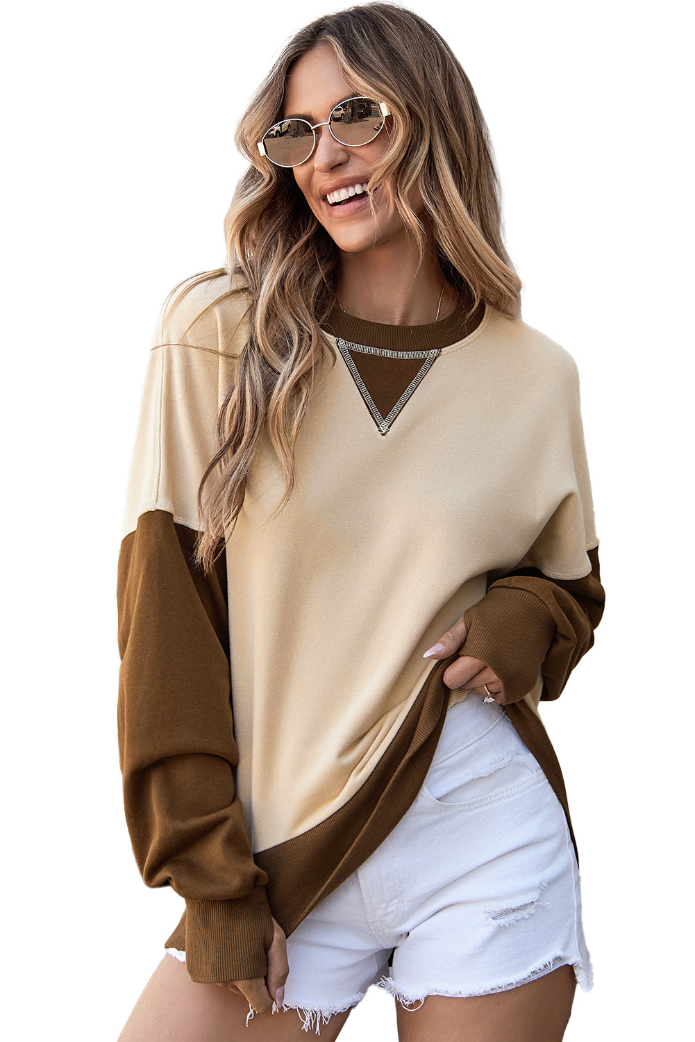 Apricot Color Block Thumbhole Sleeve Drop Shoulder Sweatshirt Sweatshirts & Hoodies JT's Designer Fashion