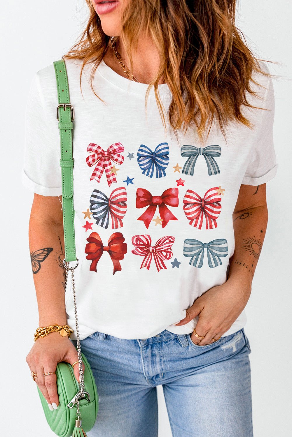 White Stripe and Star Bowknot Graphic Tee Graphic Tees JT's Designer Fashion