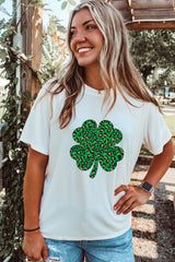 White Leopard Four Leaf Clover Graphic Tee Graphic Tees JT's Designer Fashion