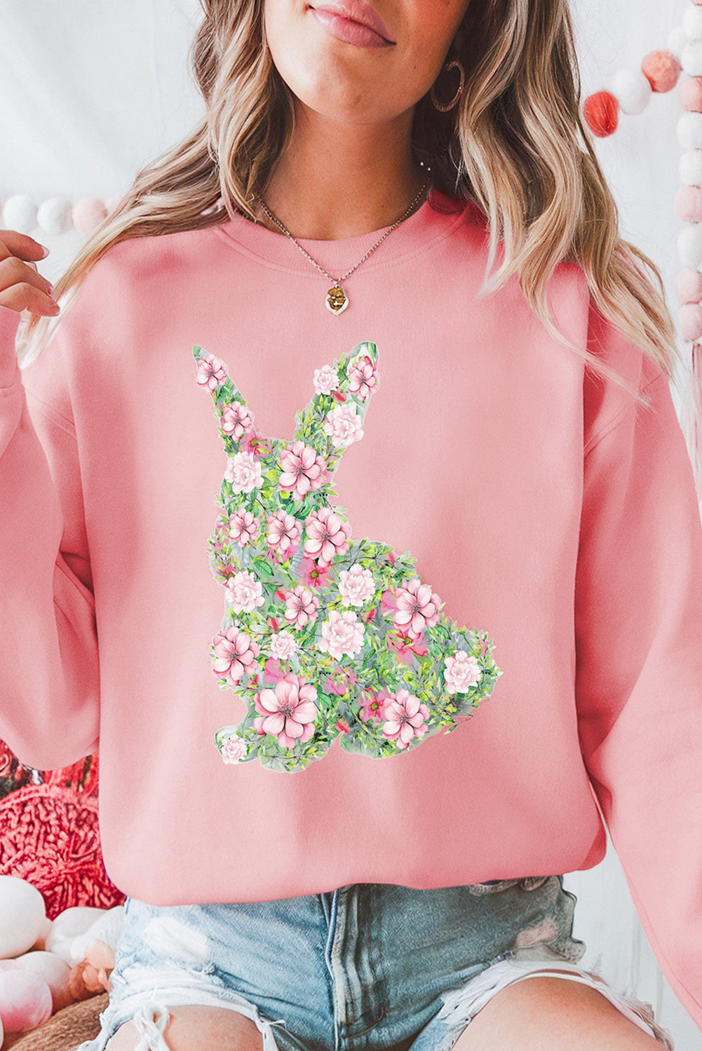 Pink Floral Bunny Printed Crewneck Easter Fashion Sweatshirt Pink 50%Polyester+50%Cotton Graphic Sweatshirts JT's Designer Fashion
