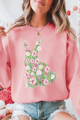 Pink Floral Bunny Printed Crewneck Easter Fashion Sweatshirt Pink 50%Polyester+50%Cotton Graphic Sweatshirts JT's Designer Fashion