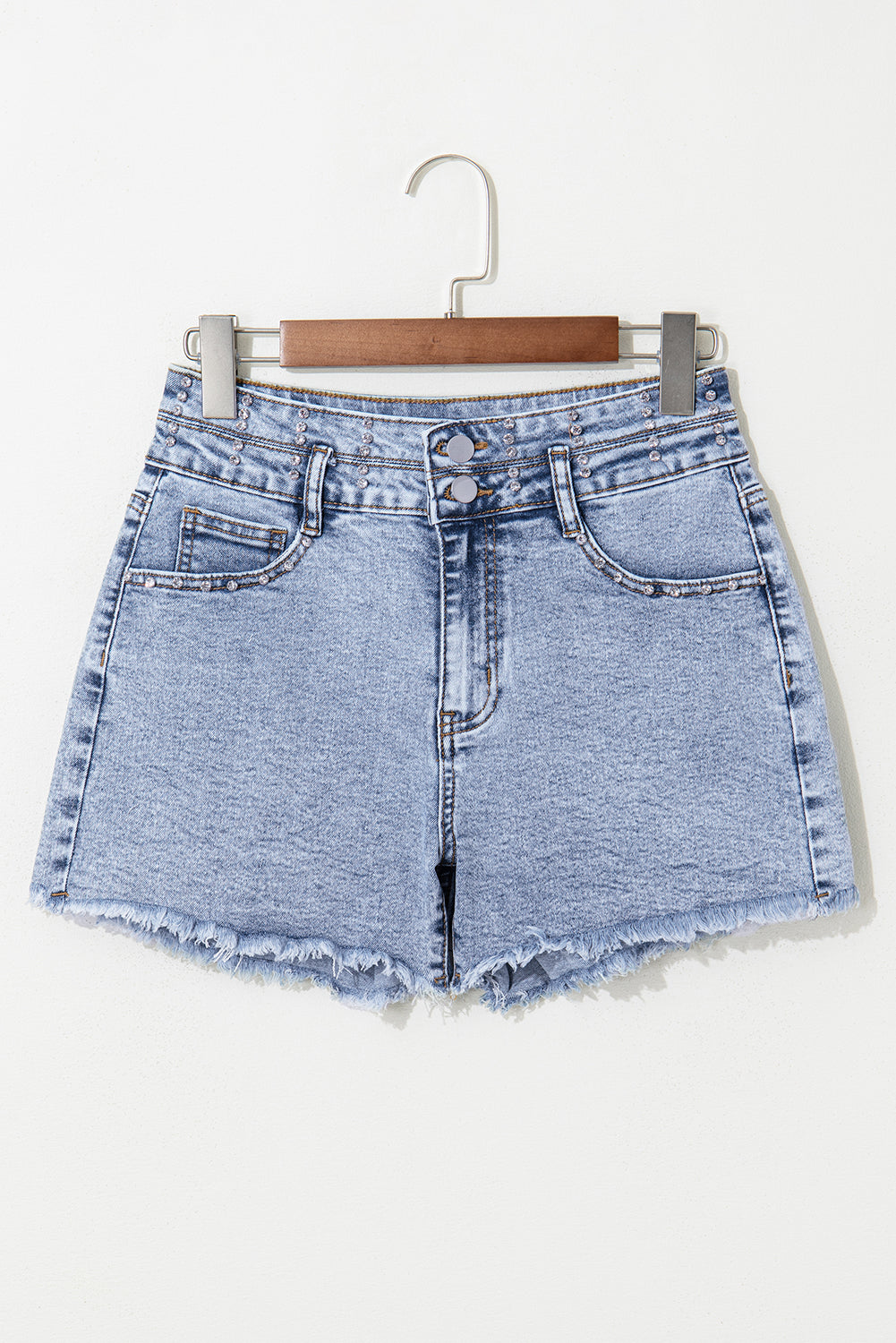 Beau Blue Rhinestone Light Wash Raw Hem High Waist Denim Shorts Denim Shorts JT's Designer Fashion