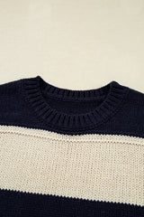 Blue Stripe Color Block PLus Size Drop Shoulder Sweater Plus Size Sweaters & Cardigans JT's Designer Fashion