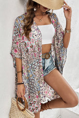Apricot Floral Print Short Wide Sleeve Open Front Loose Kimono Kimonos JT's Designer Fashion