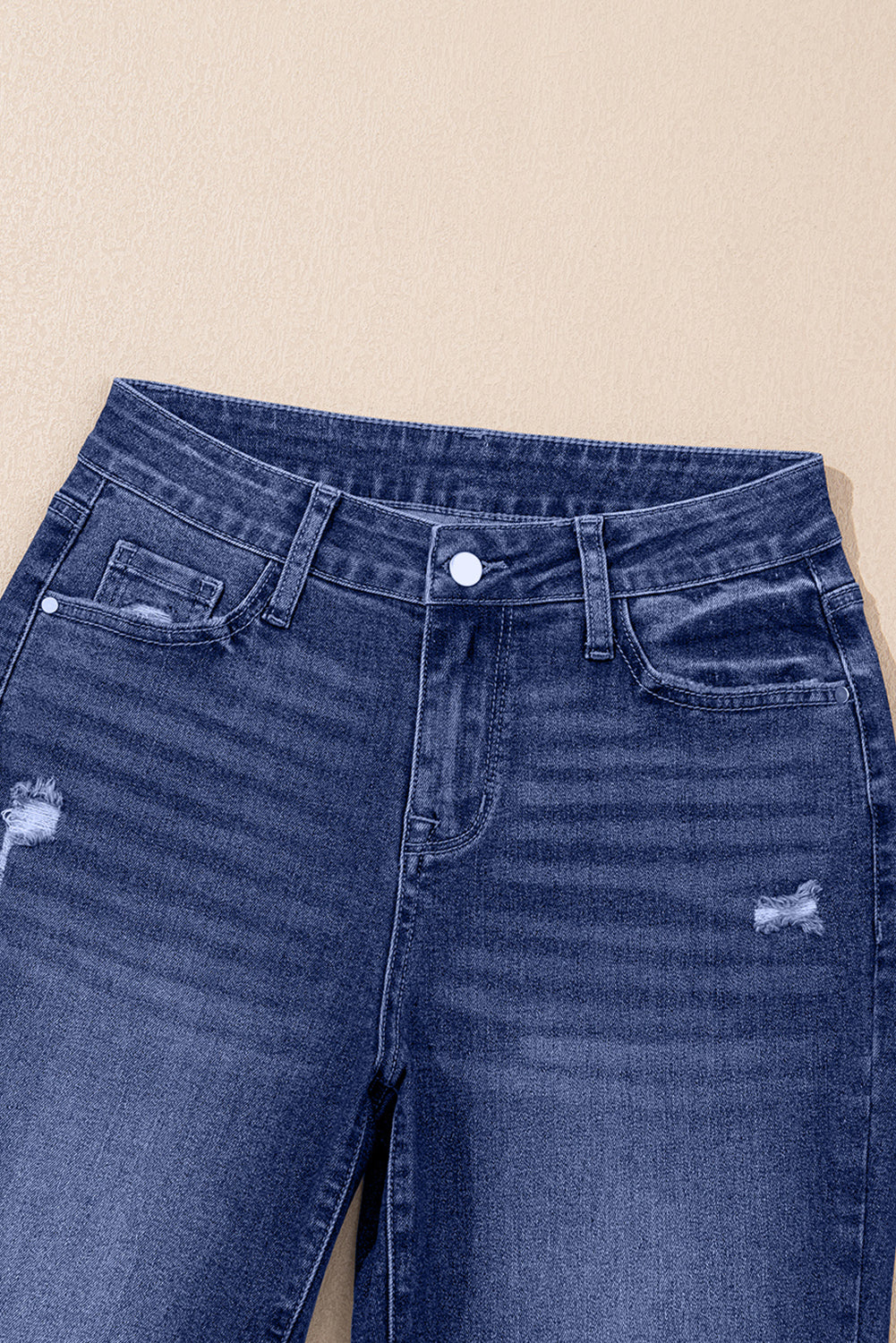 Real Teal Folded Cuffs Distressed Straight High Waist Jeans Jeans JT's Designer Fashion