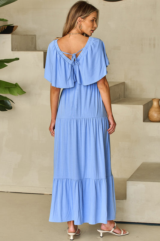 Sky Blue Textured V Neck Flutter Sleeve Ruffled Long Dress Maxi Dresses JT's Designer Fashion
