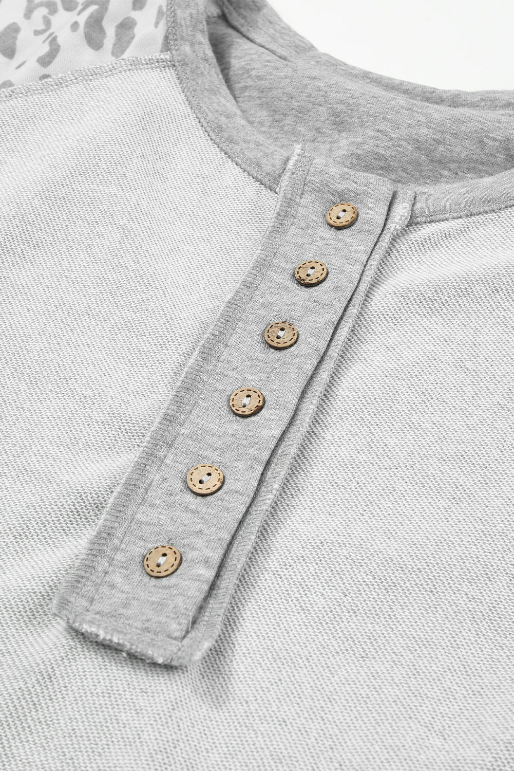 Gray Leopard Patchwork Exposed Seam Buttoned Neck Sweatshirt Sweatshirts & Hoodies JT's Designer Fashion