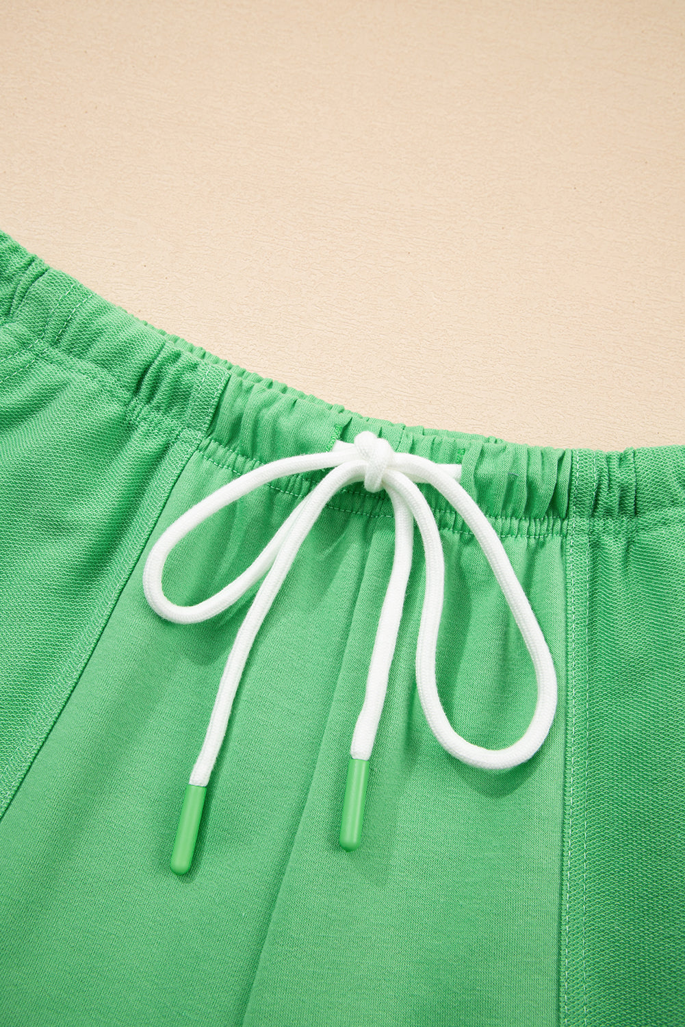 Mint Green V Neck Drop Shoulder Tee and Patchwork Drawstring Elastic Waistband Shorts Set Short Sets JT's Designer Fashion
