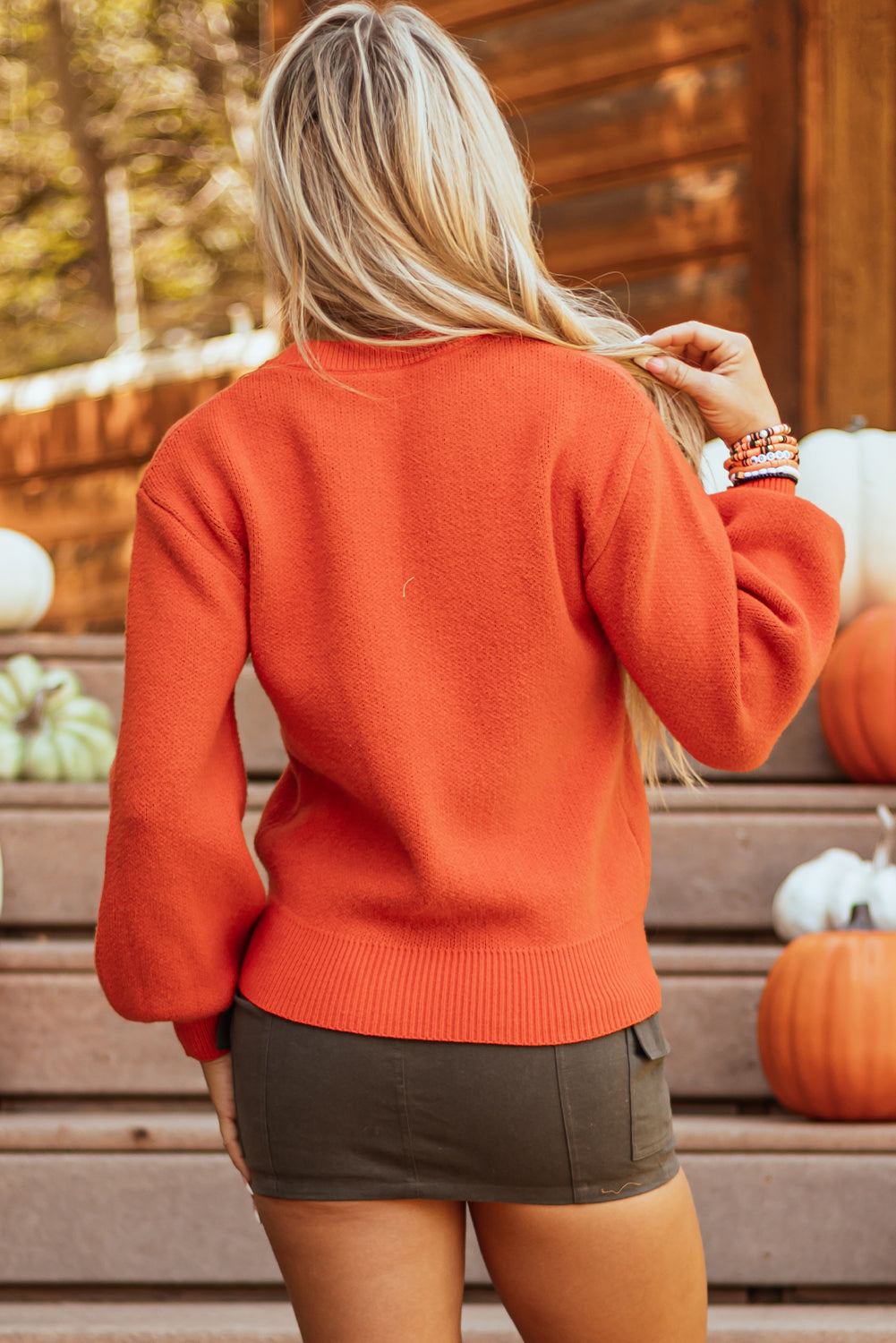 Orange Halloween Pumpkin Face Pattern Drop Shoulder Sweater Sweaters JT's Designer Fashion