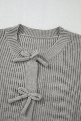 Philippine Gray Ribbed Knit Bow Front Buttoned Cardigan Cardigans JT's Designer Fashion